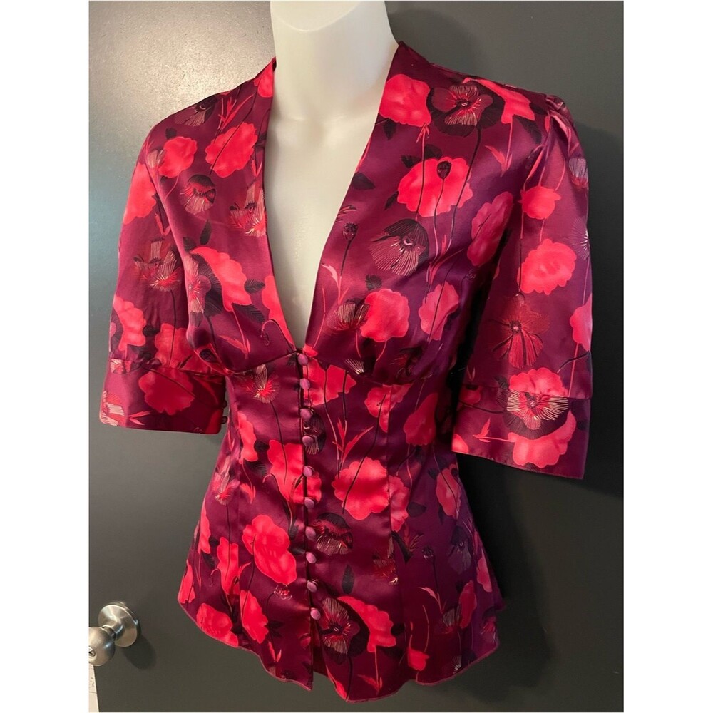 Guess Adele Floral Satin Peplum Top Blouse Women’s Small Wine Red Cocktail - Picture 3 of 10